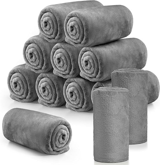 Tinideya 12 Pcs Flannel Fleece Throw Blanket Bulk 50 x 60 Inch Soft Fleece Blanket Warm Throw Blanket Coral Blankets for Couch Sofa Home Wedding Gifts Season (Light Gray)