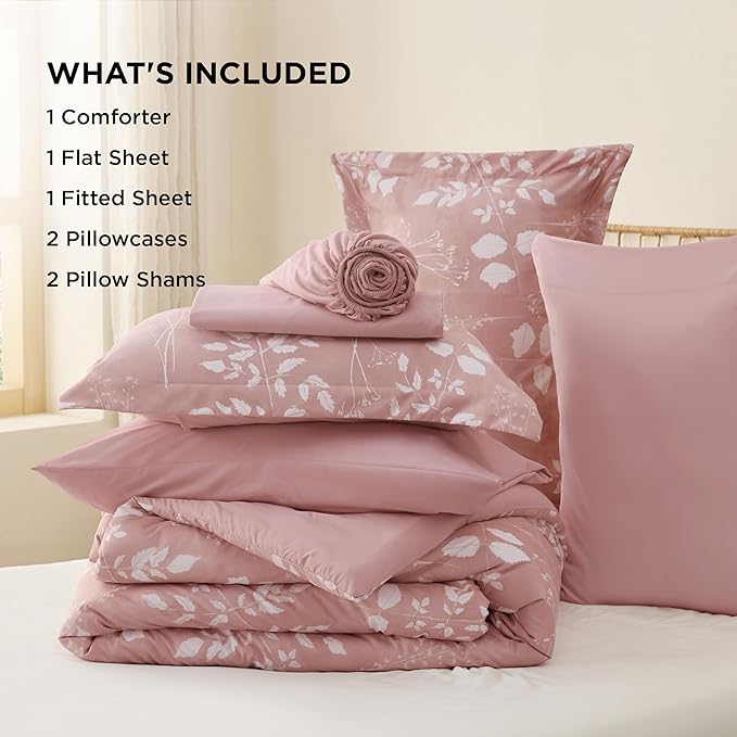 Bedsure Rose Pink Twin Comforter Set - 5 Pieces Floral Bedding Sets Twin Bed in a Bag with Reversible Botanical Flowers Comforter, Sheets, Pillowcase & Sham