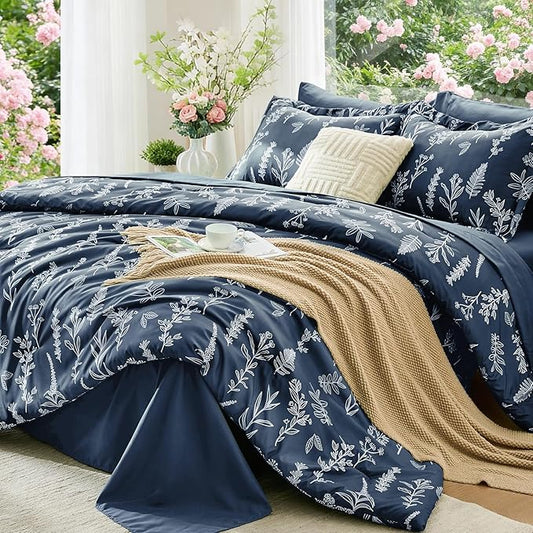 MUXHOMO Navy Blue Full Comforter Set, Elegant Floral Print Bed in a Bag 7 Pieces, Ultra Soft & Breathable Reversible Botanical Pattern Bedding Set with Comforter, Sheets, Pillowcases, and Shams