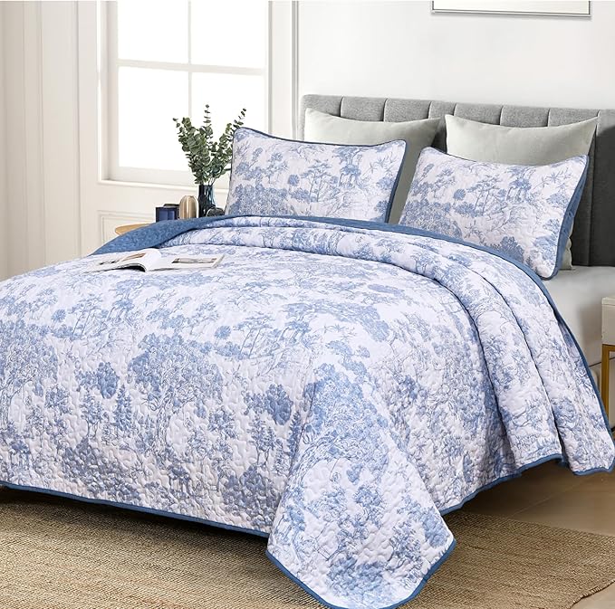 WONGS BEDDING Blue Quilt Set Full Size, 3 Pieces Botanical Bedspreads Set Lightweight Microfiber Blue Toile Plants Pattern Coverlet Home Decor for All Seasons (90"x78")