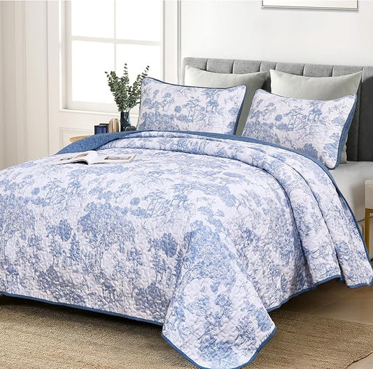 WONGS BEDDING Blue Quilt Set Full Size, 3 Pieces Botanical Bedspreads Set Lightweight Microfiber Blue Toile Plants Pattern Coverlet Home Decor for All Seasons (90"x78")