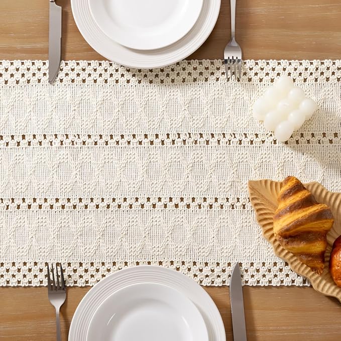 Socomi Boho Table Runner Easter Spring Farmhouse Rustic Dining Kitchen Centerpiece Decor Small Macrame Woven Cotton Linen Coffee Table Runner for Dresser Scarf Home Decor 12x36 inch Cream Ivory