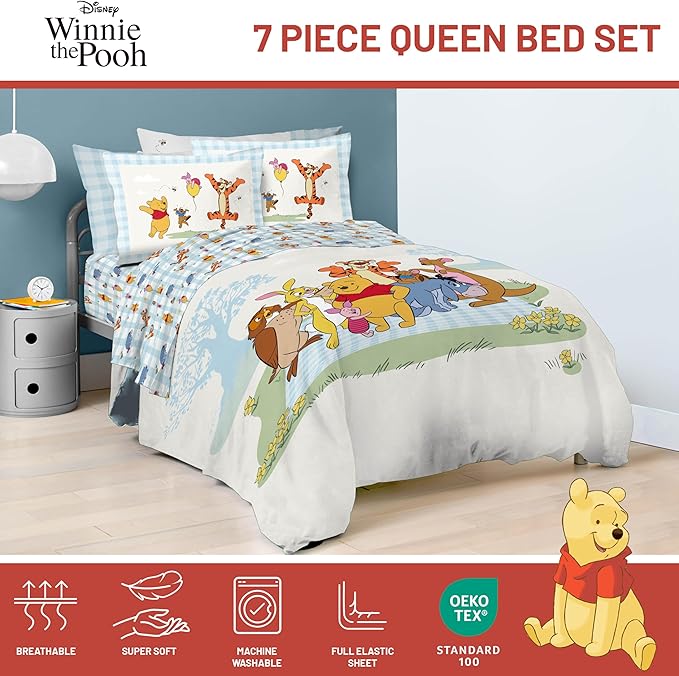 Jay Franco Kids Comforter Set Includes Sheets and Pillow Covers - Soft and Cozy Bed Set for Stylish Room Decor, Official Licensed Bedding, White - Winnie The Pooh, 7 Piece Queen