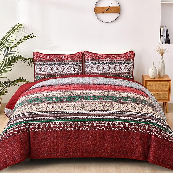 WONGS BEDDING Boho King Quilt Set, Red Bohemian Quilt Bedding Set, Lightweight Bed Decor Bedspread for All Season Reversible Microfiber Coverlet Bedding Set 103"x90"(3 Pieces)