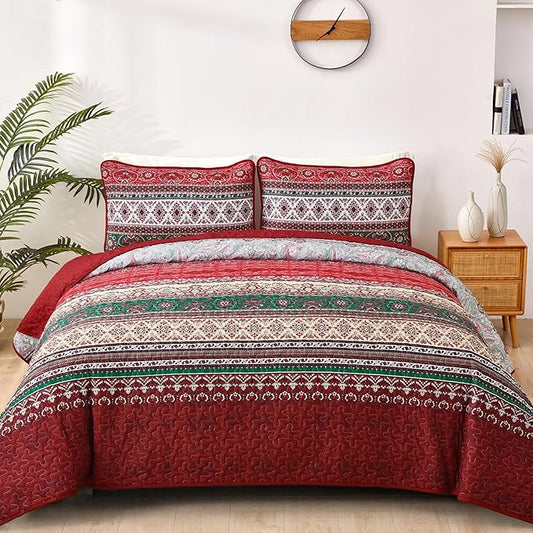 WONGS BEDDING Boho Quilt Set Full, Red Bohemian Quilt Bedding Set, Ultra Soft Lightweight Bedspread for All Season Reversible Microfiber Coverlet Bedding Set 90"x78"(3 Pieces)