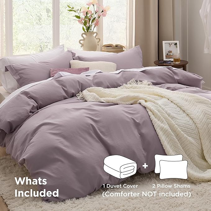 Bedsure Dusty Purple Duvet Cover King Size - 3 Pieces Prewashed Cotton-Like Extra Soft Bedding Set, Includes 1 Duvet Cover 104x90 Inches with Zipper Closure & 2 Pillow Shams, Comforter Not Included