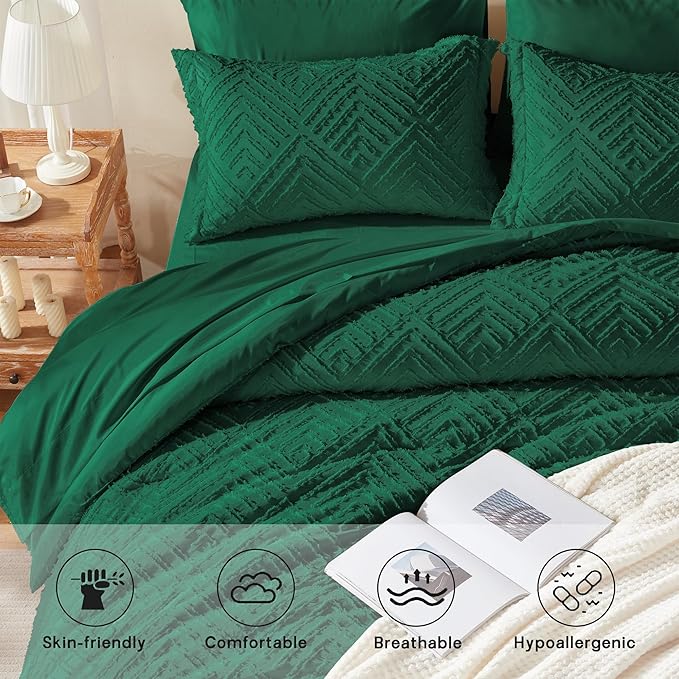 Zzlpp Twin Comforter Set 5 pieces, Emerald Green Tufted Bed in a Bag with Comforter and Sheets, All Season Boho Bedding Sets with 1 Comforter, 1 Pillow Sham, 1 Pillowcase, 1 Flat Sheet, 1 Fitted Sheet