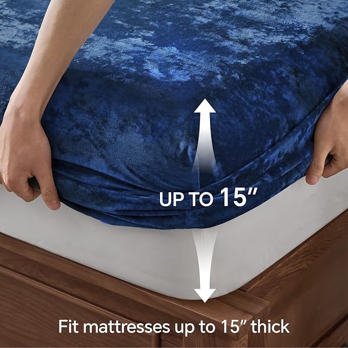 BEDELITE Velvet Fitted Sheet and Pillowcase Set, Luxury Soft Fuzzy Bottom Sheet with Reinforced Elastic Corner Straps, Deep Pocket up to 15 Inch, 1 Fitted Sheet and 1 Pillowcase (Twin XL, Navy Blue)