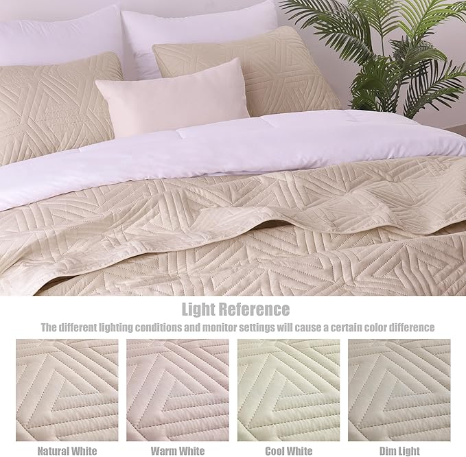 Whale Flotilla Soft California King Size Quilt Set for All Seasons, 3-Piece Ultrasonic Bedding Set, Lightweight Reversible Bedspread, Coverlet, Bed Cover with 2 Pillow Shams, Brich Beige