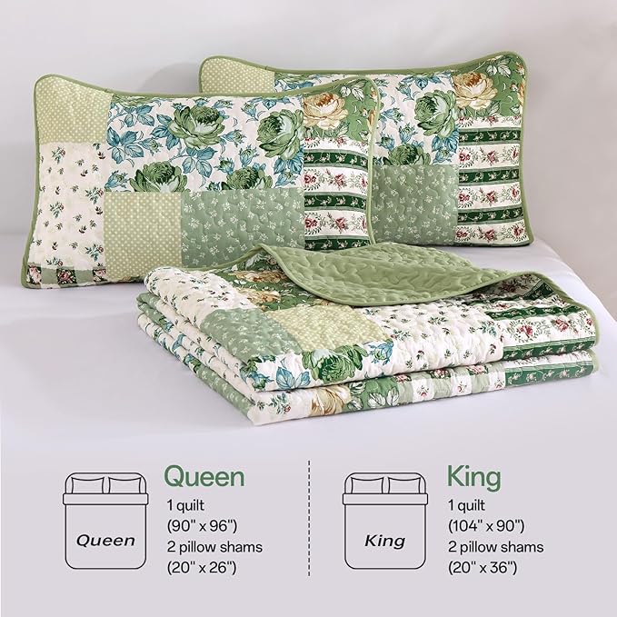 Anibedding Patchwork Quilt Set King Size Sage Green Floral Bedspread Coverlet Set, Green Rustic Plaid Quilted Bedding Set, Soft Microfiber Farmhouse Bedding Set for All Season