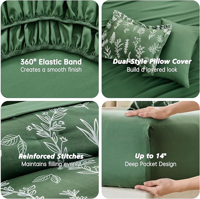 MUXHOMO Dark Green Full Comforter Set, Elegant Floral Print Bed in a Bag 7 Pieces, Ultra Soft & Breathable Reversible Botanical Pattern Bedding Set with Comforter, Sheets, Pillowcases, and Shams