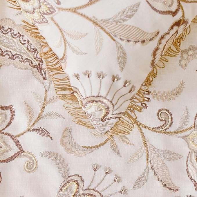 The HomeCentric King/Queen/Twin Beige Decorative Bed Runner Full 68"x18" Bed Runner with Two Pillow Cover, Floral, Pearl, Jute Lace, Embroidery Bed Scarf on Cotton Fabric - Floral Luster