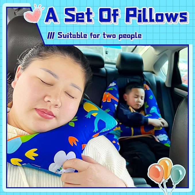 H-Shape Car Seat Pillow for Kids (Blue Dinosaur), Kids Car Pillows for Sleeping, Child Car Sleeping Head Support, Travel Neck Rest Car Seat Pillow for Children Sleeping