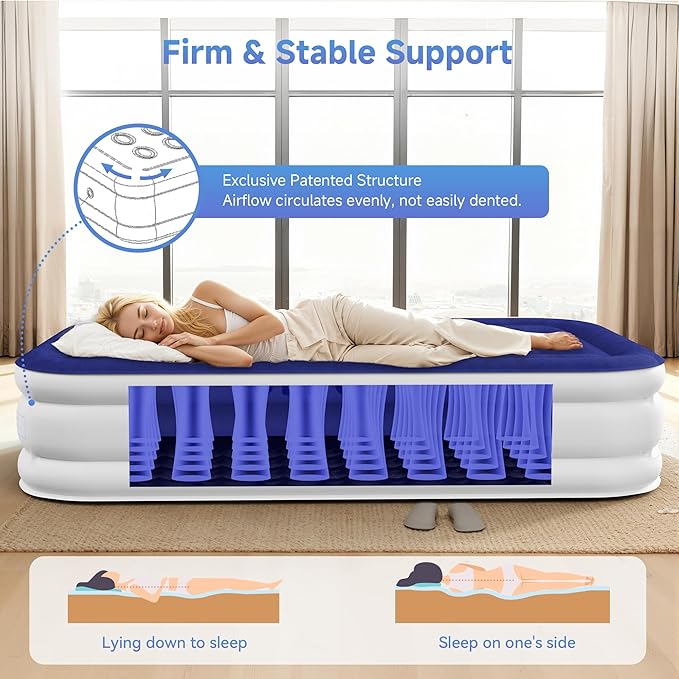 Sebor Air Mattress Twin with Built-in Pump 18", Comfortable Self-Inflating Air Mattress with High-Speed Pump, Durable Blow Up Mattress Twin with Storage Bag for Guests, Camping, Travel
