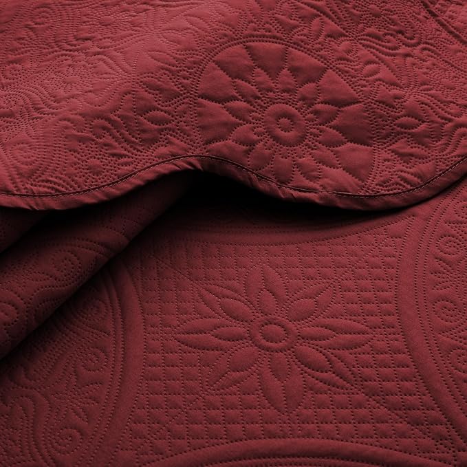 MOONLIGHT20015 King Quilt Bedding Set Size (106" x 96") + 2 Pillow Shams (20" x 36"+ 2") - 3 Pcs All Season Lightweight Reversible Quilt Bedspread Microfiber Floral Embossed Coverlet (Burgundy)