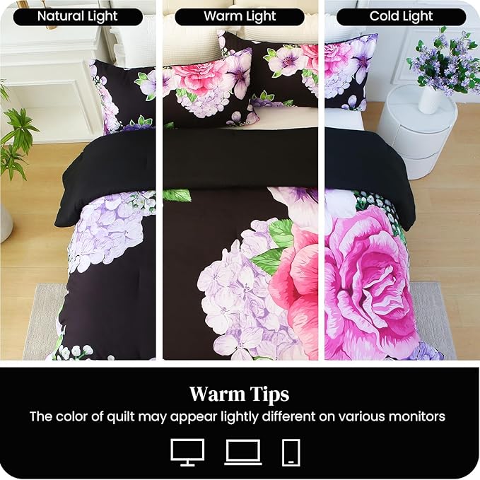 Floral Comforter Set King Size, 3 Pieces Elegant Black Floral Bed in a Bag, Soft Microfiber Botanical Flower Bedding Set with 2 Pillowcases for All Season 104"×90"