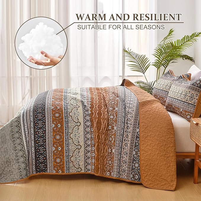 WONGS BEDDING Boho Quilt Set Twin, Brown Grey Bohemian Quilt Bedding Set, Ultra Soft Lightweight Bedspread for All Season Reversible Microfiber Coverlet Bedding Set 68"x86"(2 Pieces)