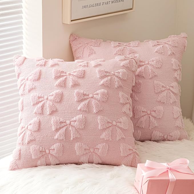 MIULEE Light Pink Bow Pillow Covers Coquette Room Decor Aesthetic Set of 2 Decorative Cute Girl Vlentine Pillow Covers Spring Soft Plush Faux Pillowcase for Preppy Room Decor Bedroom Couch,20x20 Inch
