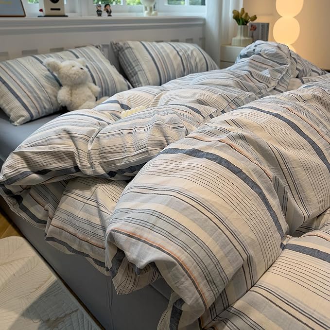 mixinni Vintage Blue and White Striped Duvet Cover Set King - 100% Washed Cotton 3 Piece Bedding Set with Geometric Pattern, Soft Breathable Comforter Cover with Zipper Closure & Corner Ties