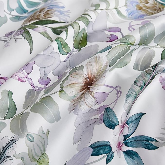 mixinni Garden Style King Duvet Cover Set Purple Large Flower on White Duvet Cover Long Staple Cotton Fresh Floral Leaves Bedding Set with Zipper Ties Perfect for Him and Her-(3pcs, King Size)