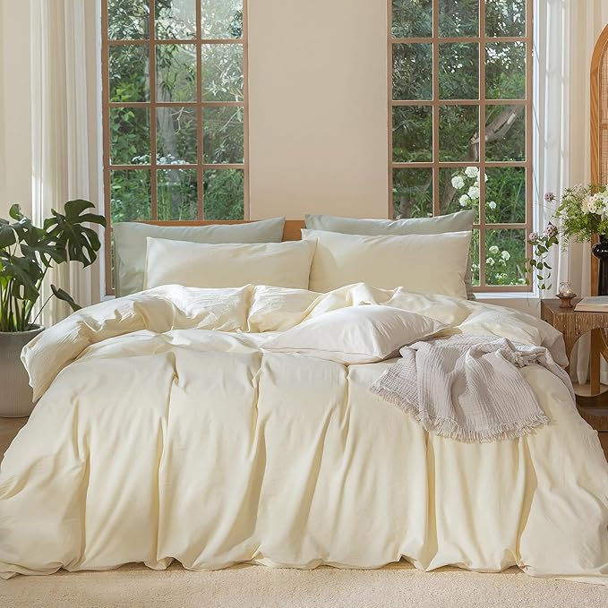 MooMee Bedding Duvet Cover Set 100% Washed Cotton Linen Like Textured Breathable Durable Soft Comfy (Solid Cream, King 104"x90")