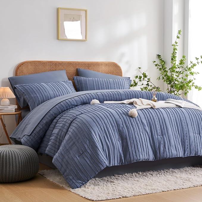 WURUIBO Comforter Set Size, Blue Comforter Set King Size, 7 Pieces Bed in a Bag, Ultra Soft Queen Bedding Set, Bed Set for All Seasons, Flat Sheet, Fitted Sheet, Pillowcases, Pillow Shams