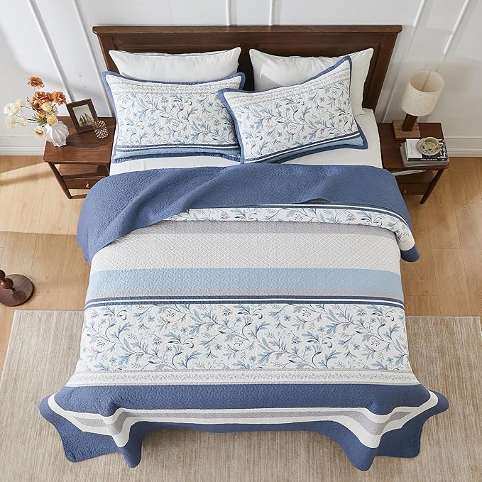 Oversized King Bedspread 120"x120" - 100% Cotton Lightweight All-Season Quilted Coverlet with Floral Striped Design - French Country & Farmhouse Bedding - California King Quilt in Blue