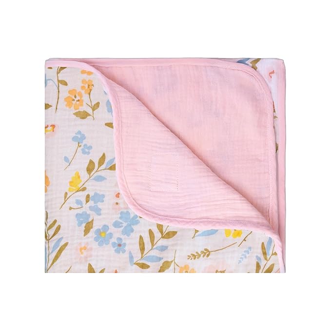 Muslin Baby Blankets for Girls, 40"x36" Toddler Blanket, Reversible Soft Baby Blankets for Girls, 100% Cotton Toddler Bed Blanket Oeko-TEX Designed in France - Flower + Pink Nursery Blanket