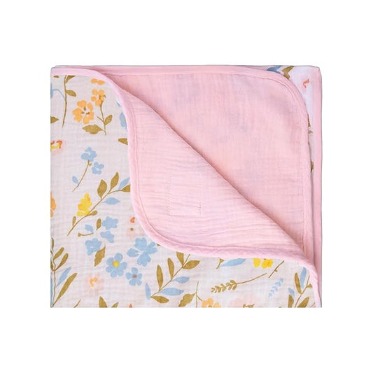 Muslin Baby Blankets for Girls, 40"x36" Toddler Blanket, Reversible Soft Baby Blankets for Girls, 100% Cotton Toddler Bed Blanket Oeko-TEX Designed in France - Flower + Pink Nursery Blanket