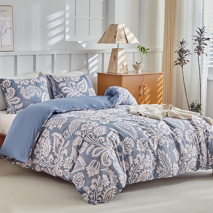 Lekesky Blue Duvet Cover Queen Size, Paisley Patterned Duvet Cover Set with Zipper, 3 Pcs Soft Microfiber Duvet Cover Floral Bedding Set (1 Queen Duvet Cover 90"x90", 2 Pillowcases 20"x26")