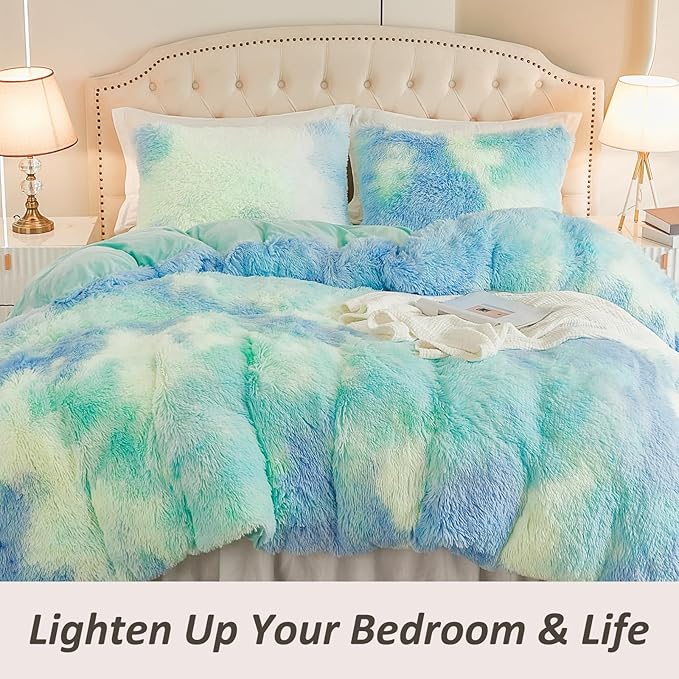 EMME Luxury Blue Fuzzy Duvet Cover Set Twin Size Fluffy Comforter Cover Set 2 Pieces Shaggy and Plush Soft Bedding Duvet Covers (Tie Dye Blue, Twin)