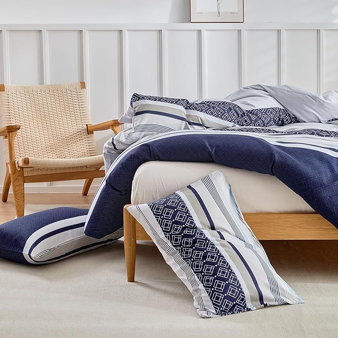 Lekesky Duvet Cover Full, 3 Pieces Blue Striped Duvet Cover Set Soft Bedding Aztec Comforter Cover Full Size with Hidden Zipper Corner Ties