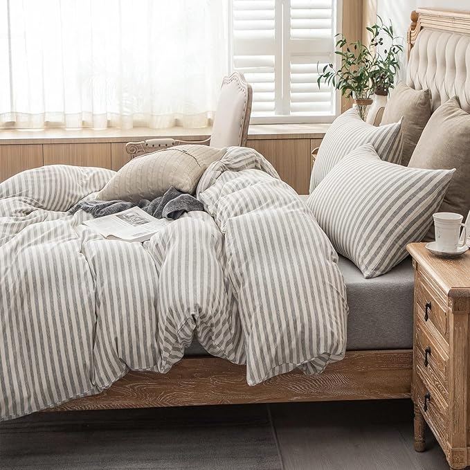 PURE ERA Jersey Knit Duvet Cover Set 100% T-Shirt Heather Cotton Super Soft Comfy Classic Striped Design, with Zipper Closure, Grey & White Stripe, Full