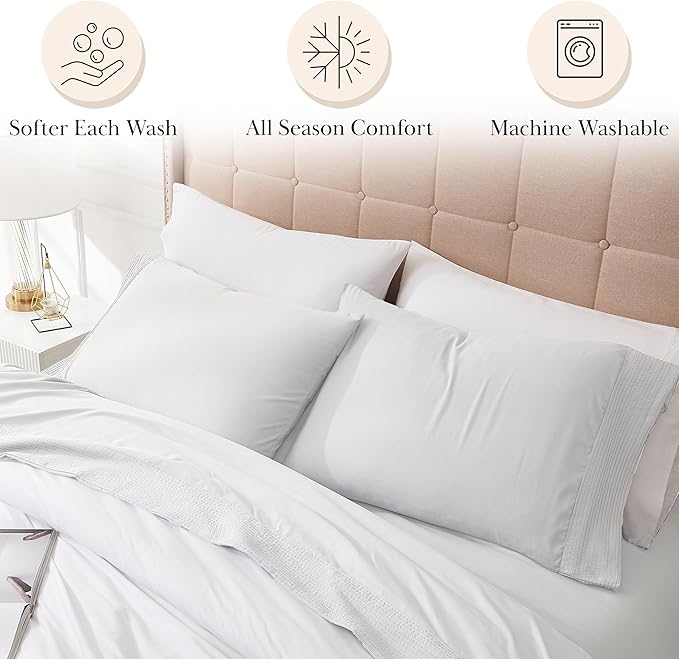Southshore Fine Living, Inc. Pleated Hem, 4-Piece, 21 Inch Extra Deep Pocket Queen Sheets Set, Easy Care White Queen Sheets Deep Pocket with Embroidered Hem, Pet Hair Resistant Sheets, Bright White