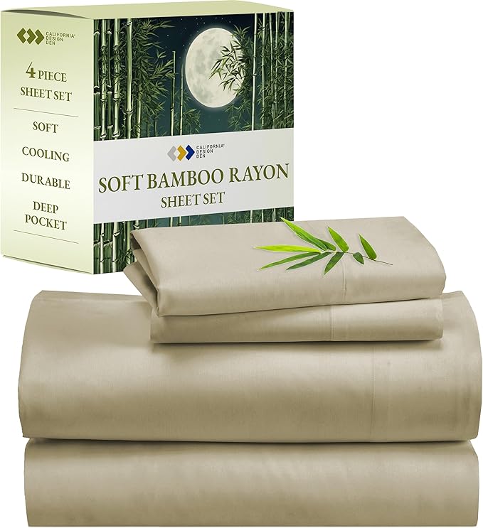 California Design Den Queen Size Rayon from Bamboo Sheets Set, Cooling Rayon Sheets, Luxury Queen Size Sheet Set with Fitted Deep Pockets, Beige Queen Sheet Set - Beige
