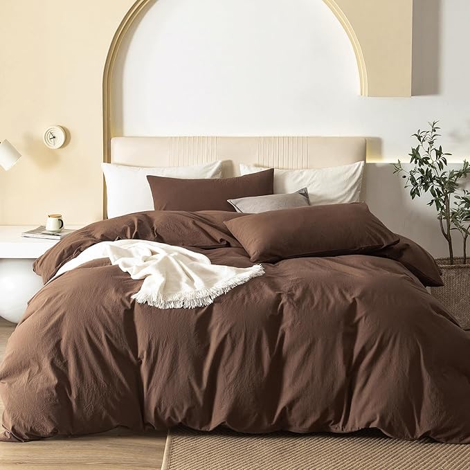 JIYUAN 100% Washed Cotton Duvet Cover Set 2 Pieces Twin, 1 Duvet Cover 68x90 Inches(Comforter Not Included) and 1 Pillowcases,Linen Feel Bedding Set Comfy and Breathable,Chocolate Brown