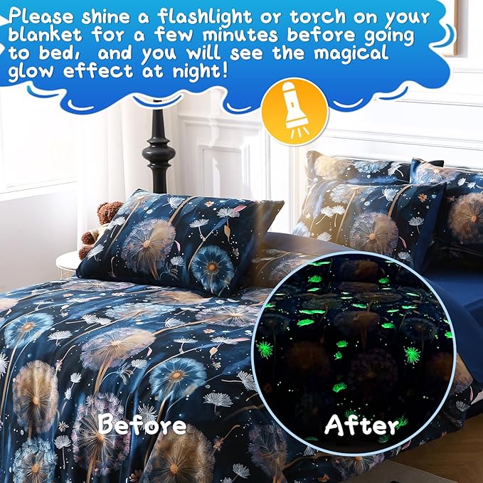 Glow in The Dark Kids Comforter Set, 5 Pieces Blue Dandelion Bedding Set Twin Size for Boys Girls Teen, 1 Comforter, 2 Pillowcases, 2 Pillow Shams, 1 Flat Sheet, 1 Fitted Sheet