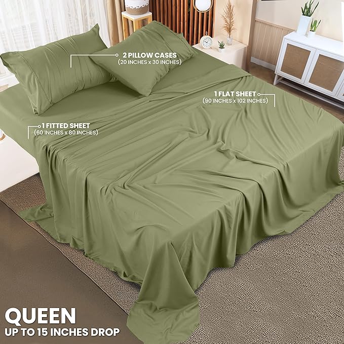 Utopia Bedding Queen Size Sheet Set – 4 Piece Bed Sheets, Soft and Breathable Microfiber, Includes 1 Fitted Sheet, 1 Flat Sheet and 2 Pillowcases – Oeko-Tex - (Olive)