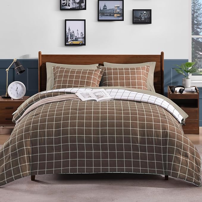 Plaid Full Comforter Set Brown, Reversible Checkered Bedding Set 7 Pieces for Boys Girls Teen, Lightweight Bed in a Bag for Dorm with Sheets, Pillowcases & Shams