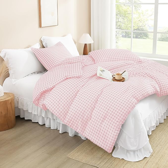 Andency Pink Gingham Comforter Set Twin(66x90Inch), Blush Checkered Grid Plaid Buffalo Bed Set for Girls Boys Kids Teens, 2 Pieces Lightweight Microfiber Geometric Preppy Bedding