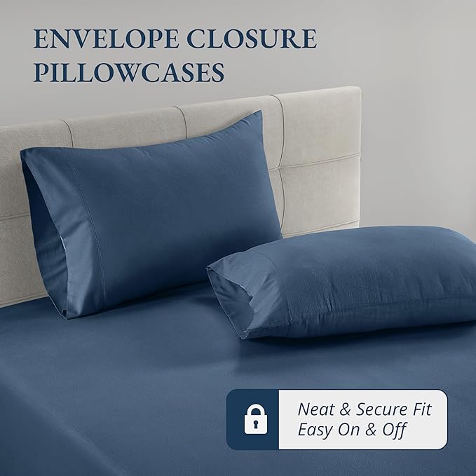 LANE LINEN 100% Organic Cotton Twin Fitted Sheet, 2-Piece Set (1 Fitted Sheet, 1 Pillowcase), Percale Weave, Lightweight, Soft, Breathable, Fits Mattress Upto 15' Deep - Estate Blue (No Flat Sheet)