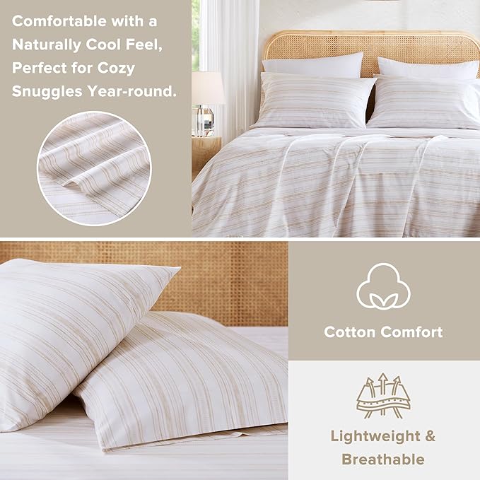 Comfort Spaces 100% Cotton Sheets King, Breathable, Naturally Cool Cotton Sheets, Cotton Bed Sheets with 14" Elastic Pocket Fits up to 16" Mattress, All Seasons Sheet Set, Good Vibes Taupe 4 Piece
