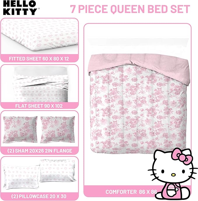 Jay Franco Comforter Set Includes Sheets and Pillow Covers - Soft and Cozy Bed Set for Stylish Room Decor, Official Licensed Bedding, Multi - Hello Kitty, 7 Piece Queen