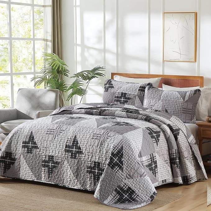 Annibedding Patchwork Quilt Set King Size, Grey Geometric Bedspread Plaid Patchwork Bedding Set for All Season, Soft Lightweight Bedspread with Wave Quilting (King, 110''x90'')