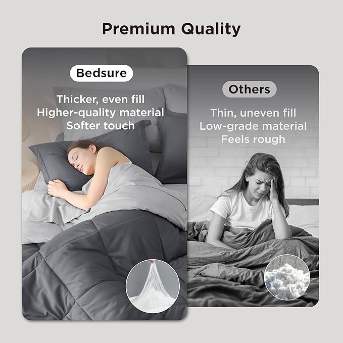 Bedsure Queen Comforter Set - 7 Pieces Reversible Dark Grey Bedding, Queen Size Bed Set for All Seasons, Bed in a Bag with Down Alternative Comforter, Sheets, Pillowcases & Shams