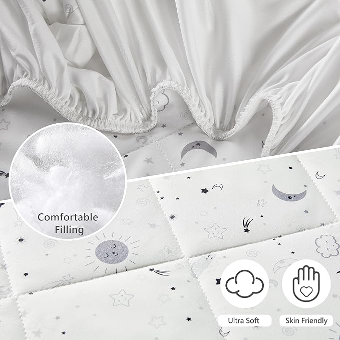 TILLYOU Pack and Play Sheets for Toddler Mattress, Mini Crib Sheets Fitted Up to 3" Deep, Breathable and Soft fit 39"x27", The Little Sun