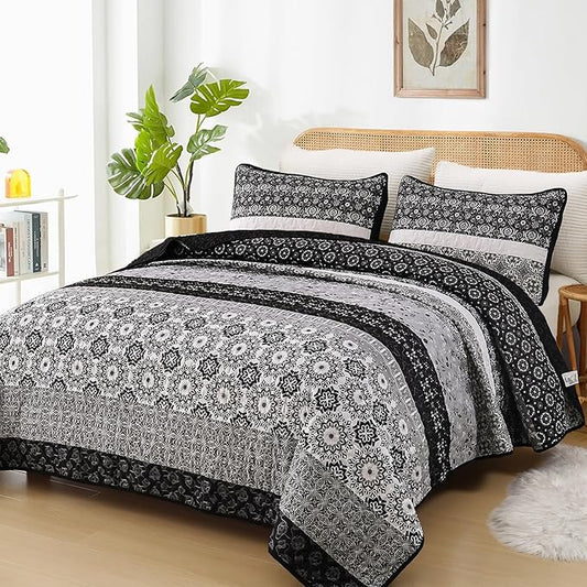 WONGS BEDDING Boho Quilt Set Queen Size,Black Bohemian Striped Patchwork Bedspread Set,3 Pieces Microfiber Bedding Set for All Seasons (96"x90")