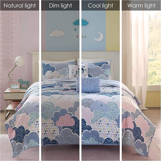 Intelligent Design Kids Reversible Cotton Quilt Set - Vibrant Fun, Playful Print, All Season Children Bedding Coverlet Bedspread, Decorative Pillow, Bedroom Décor, Twin, Cloud Blue 4 Piece