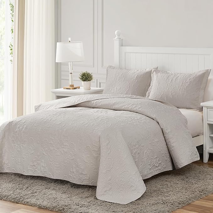 Hansleep Cream Quilt Queen Size - Damask Ultrasonic Summer Bedspread Queen, Soft Lightweight Coverlet Bedding Set, 3 Pieces (1 Quilt, 2 Pillow Shams)