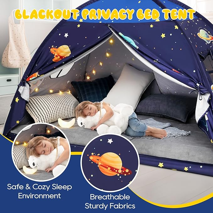 Redants Full Bed Tent Canopy, Space Indoor Blackout Privacy Toddler Bed Tent for Kids with Light, Portable Sleeping Floor Kids Playhouse (Blue, Full Size)